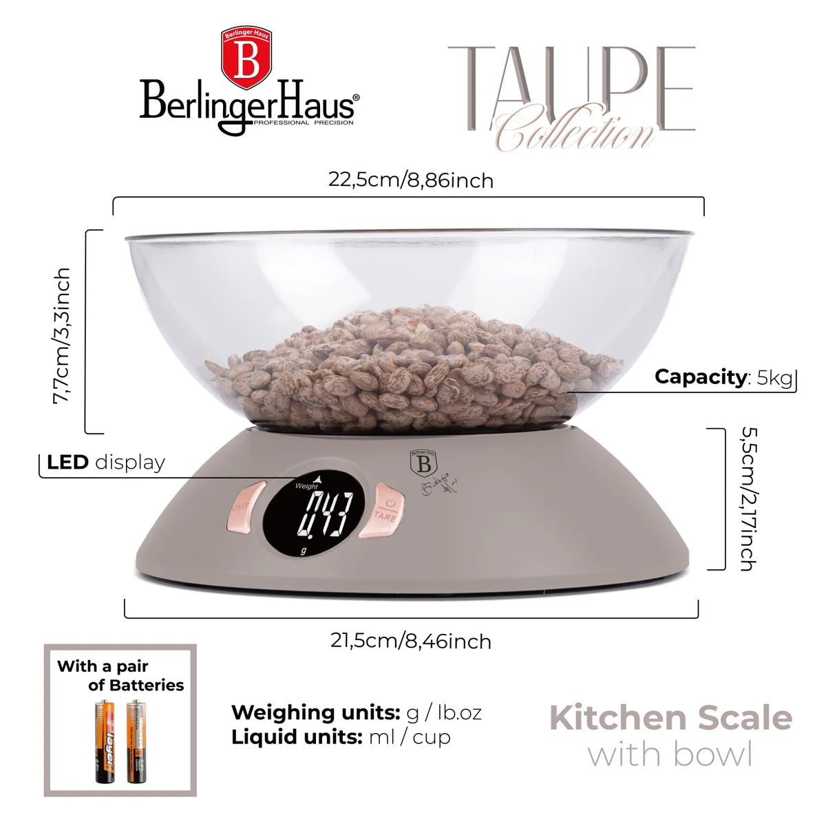Berlinger Haus Konyhai mérleg tállal (5 kg) – 9. kép