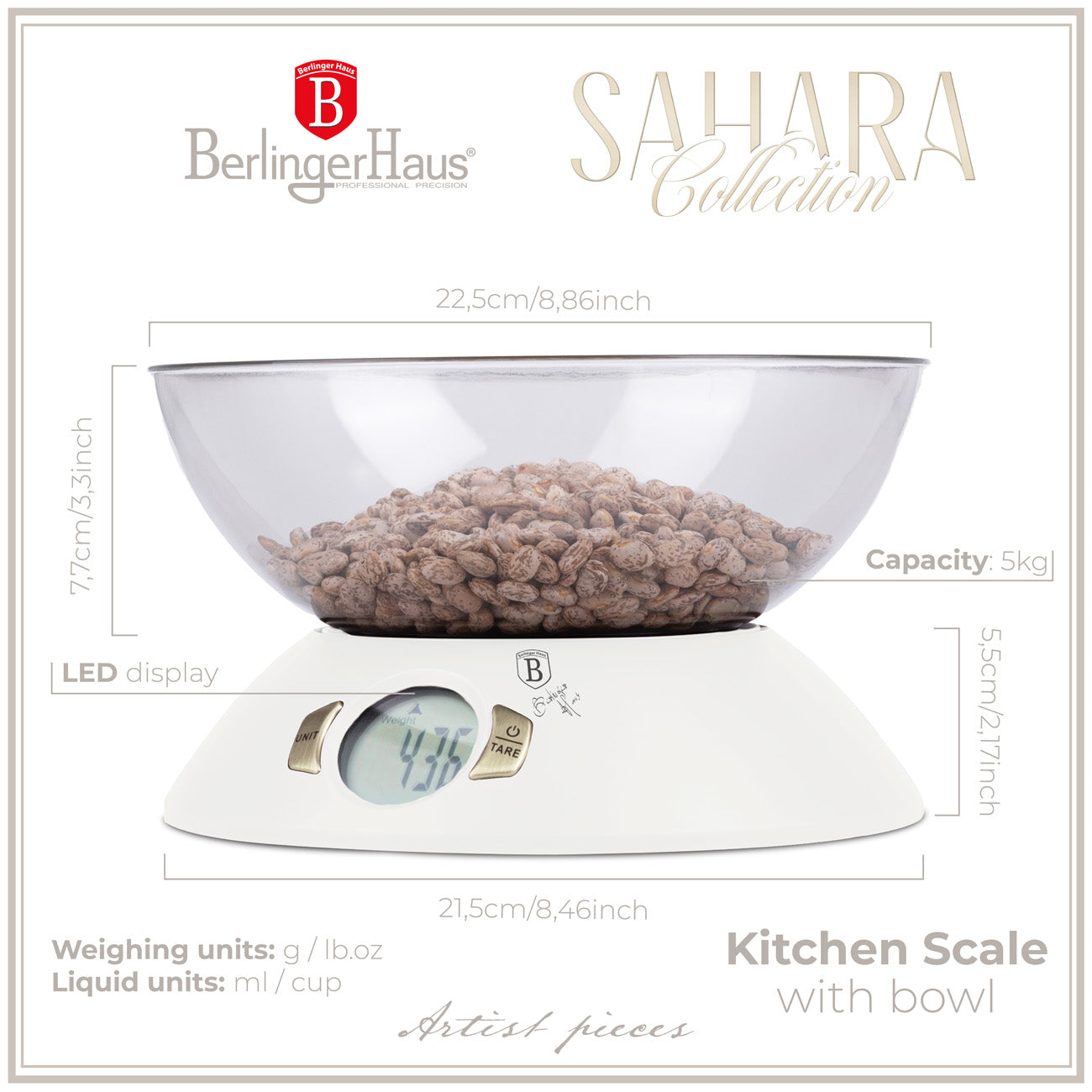 Digitális konyhai mérleg tállal 5 kg matt krém Sahara Collection