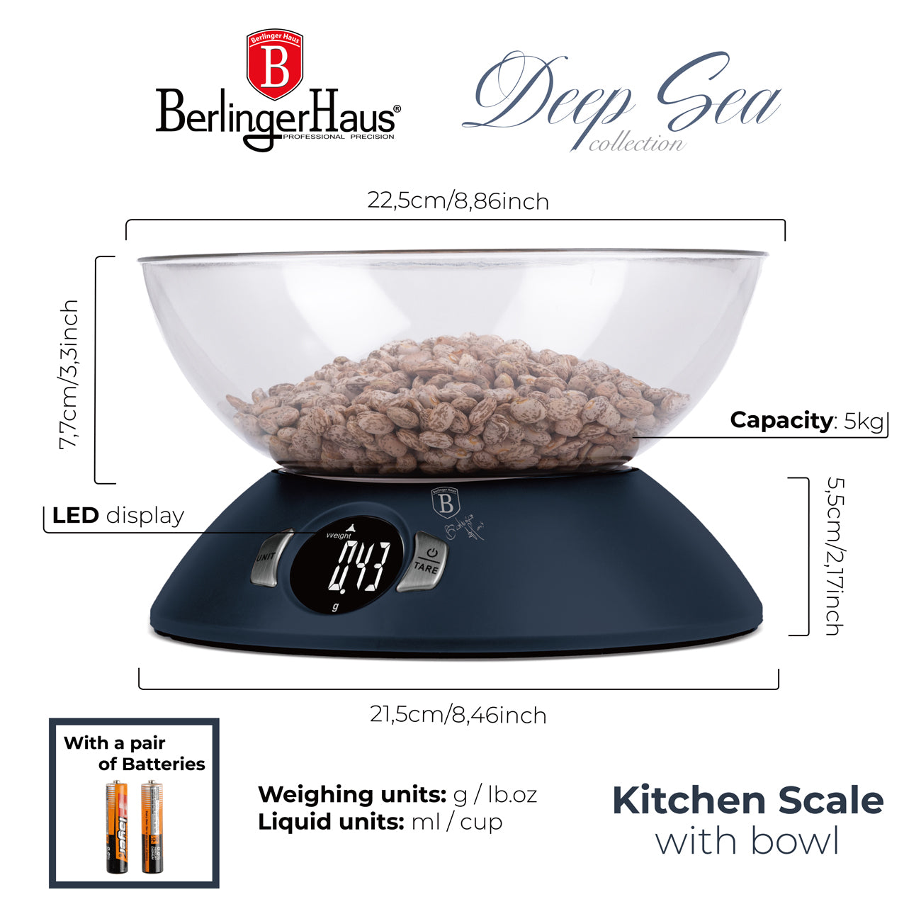 BerlingerHaus Konyhai mérleg tállal 5 kg matt kék