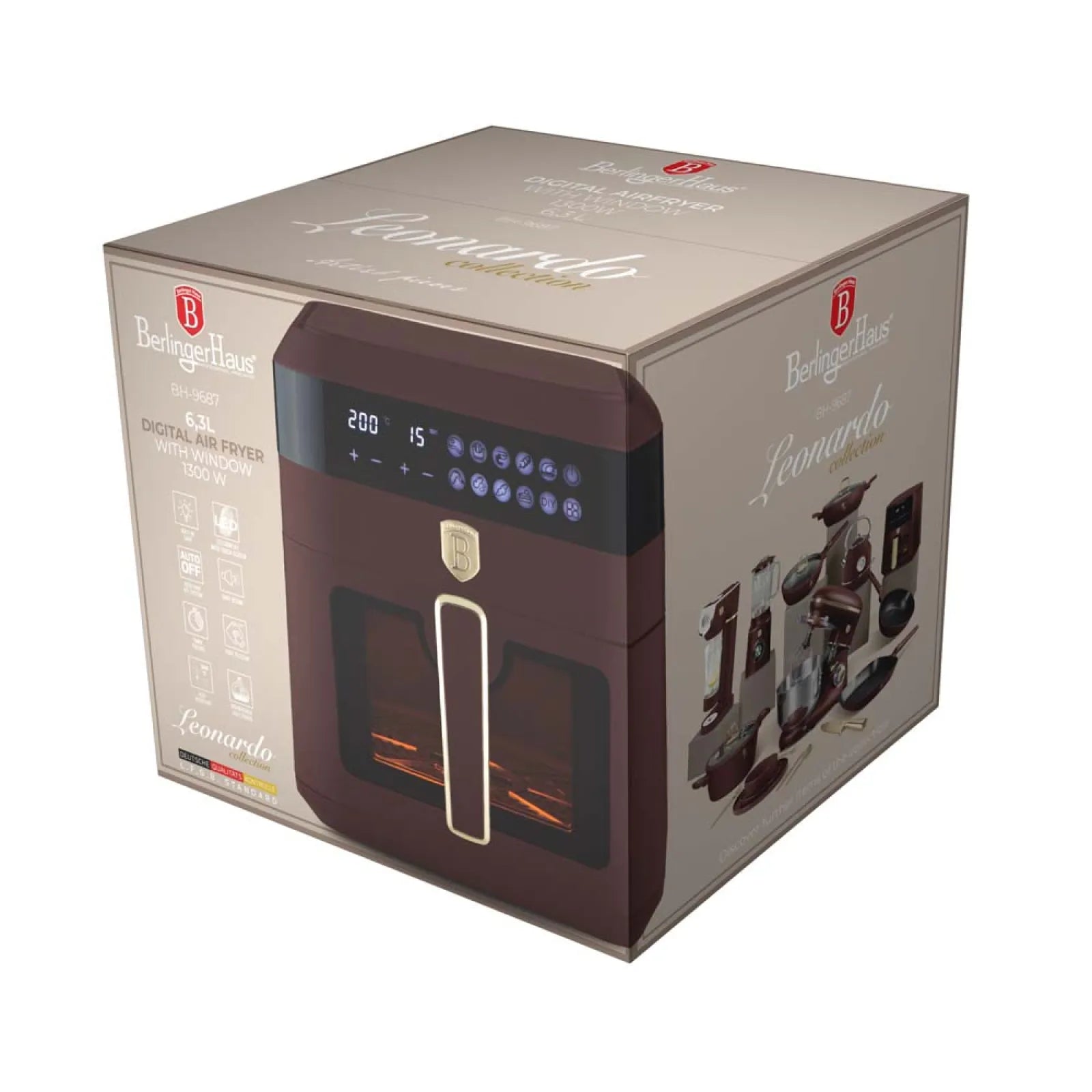 AirFryer átlátszó ablakkal 6,3 literes 1300 W Berlinger Haus bordó