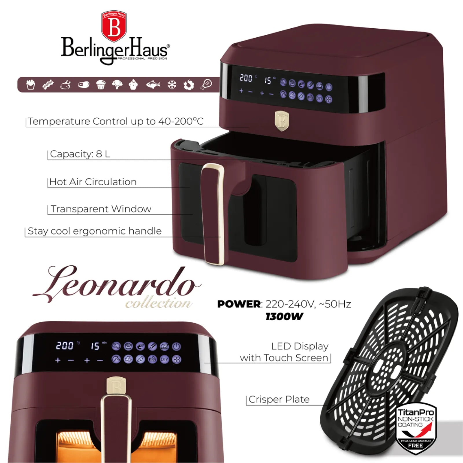 AirFryer átlátszó ablakkal 6,3 literes 1300 W Berlinger Haus bordó