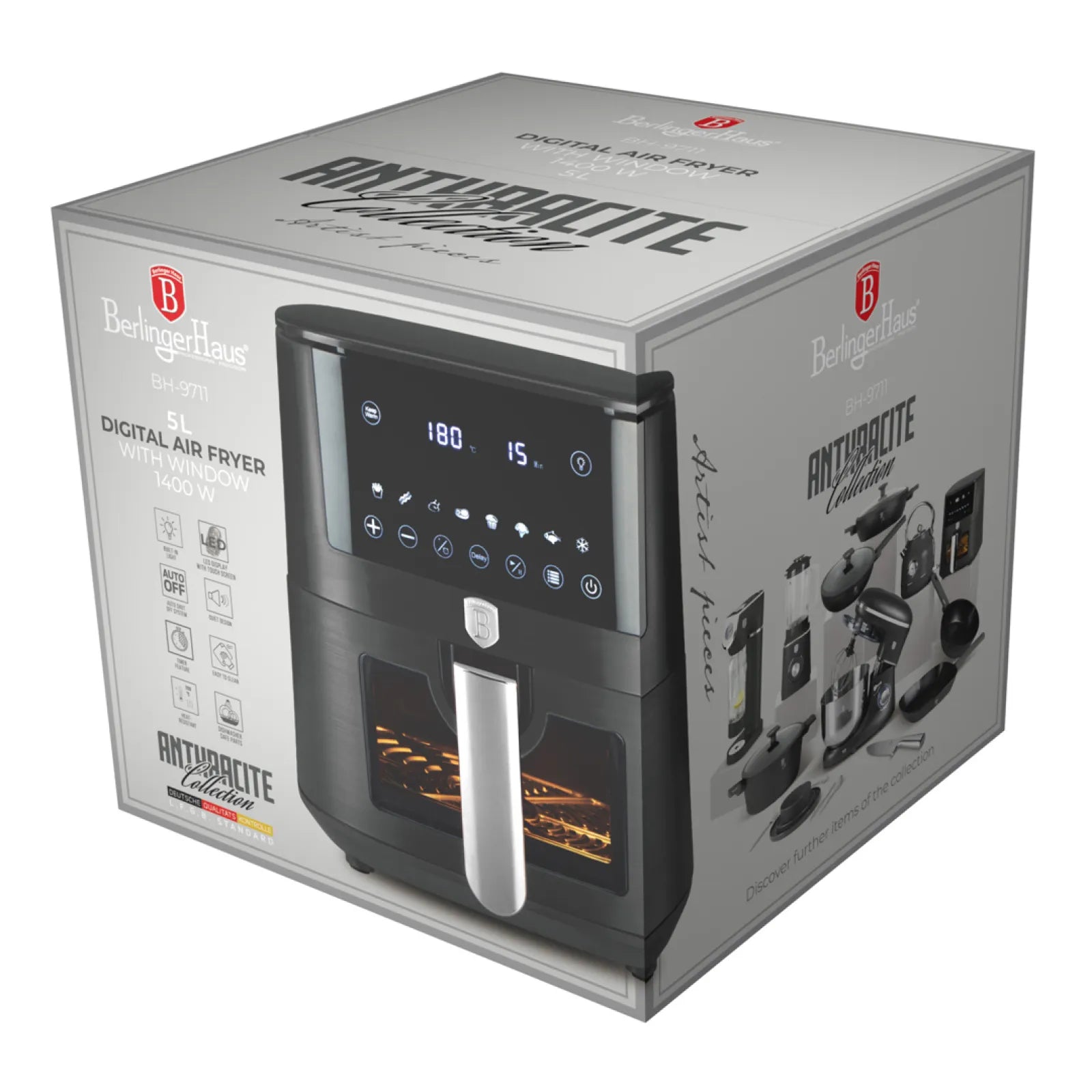 AirFryer átlátszó ablakkal 5 literes 1400 W Berlinger Haus Anthracite