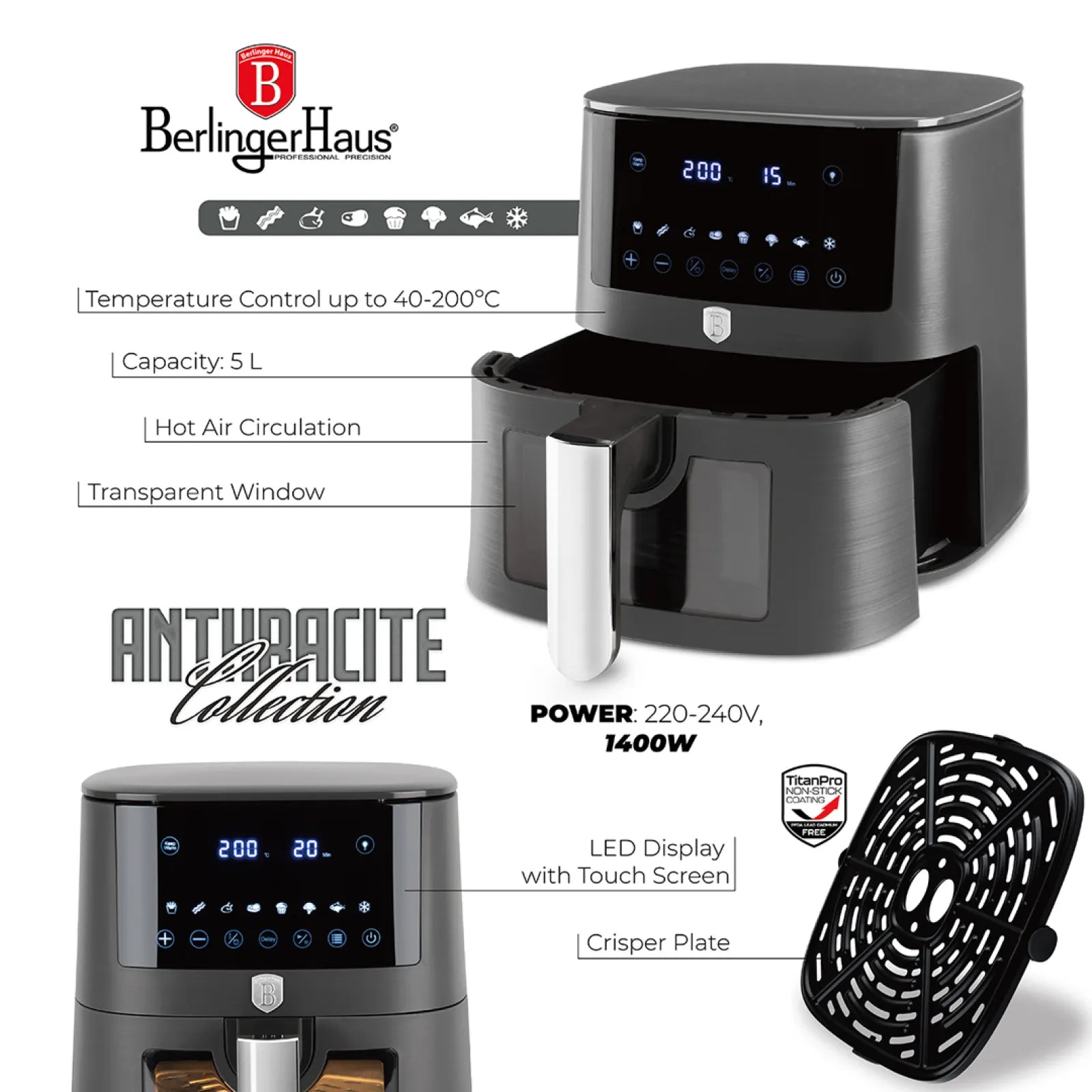 AirFryer átlátszó ablakkal 5 literes 1400 W Berlinger Haus Anthracite