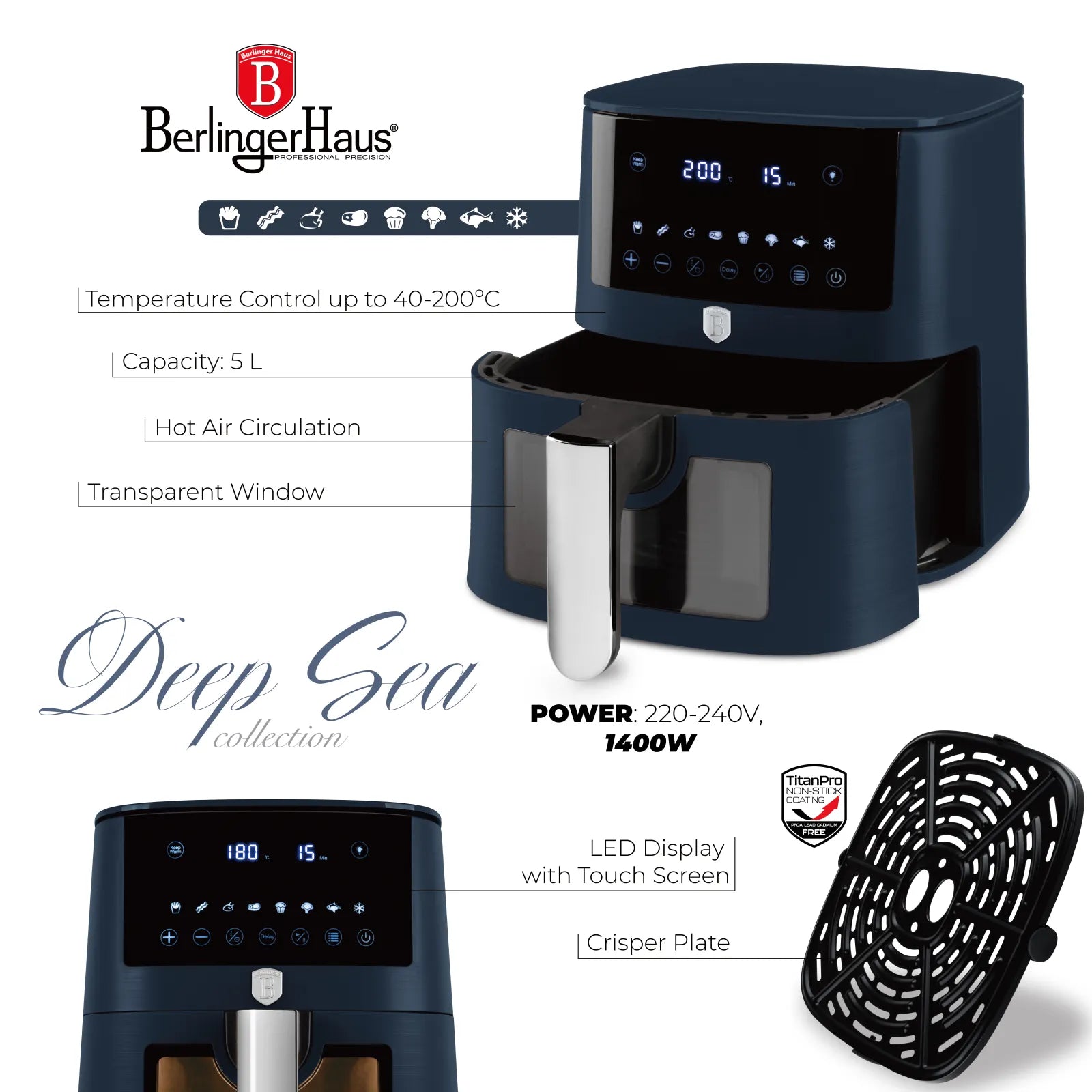 AirFryer átlátszó ablakkal 5 liter kék Deep Sea Berlinger Haus