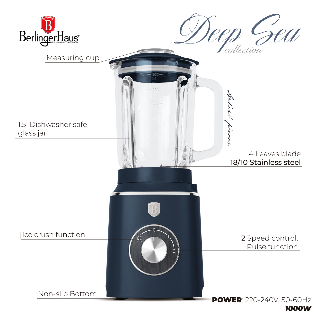 BerlingerHaus Turmixgép 1,5 L-es mércés edzett üvegkancsóval (1000 W) matt kék