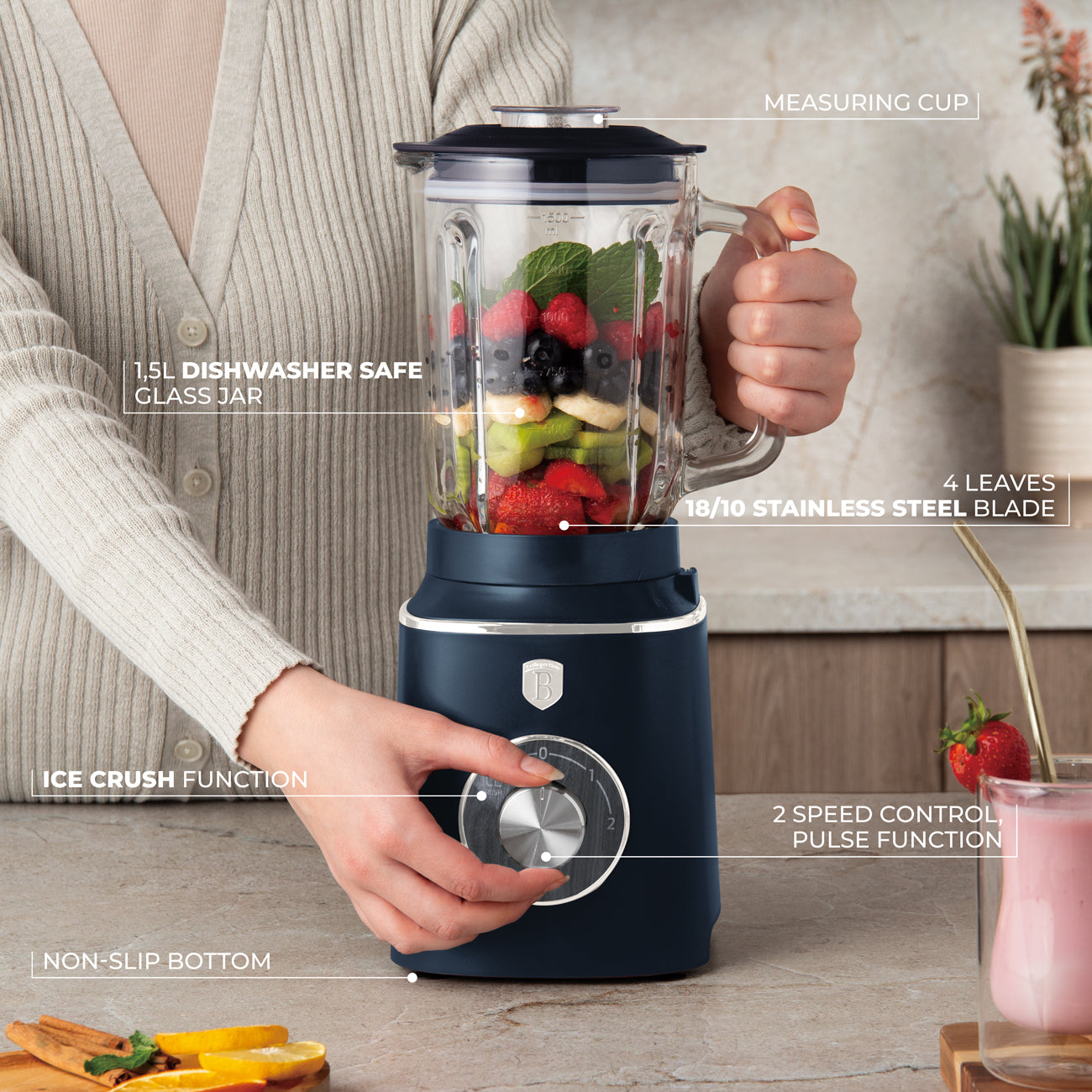 BerlingerHaus Turmixgép 1,5 L-es mércés edzett üvegkancsóval (1000 W) matt kék