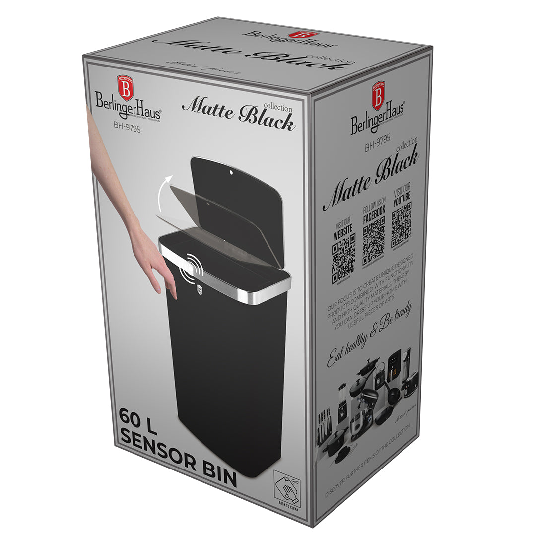 Berlinger haus Szenzoros szemetes 60 l fekete Matte Black Collection