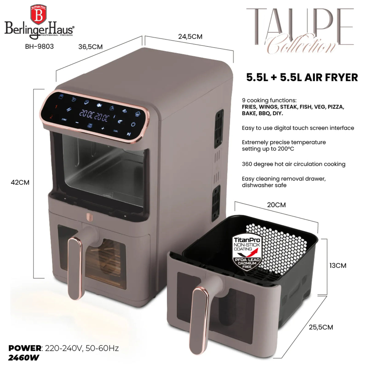 Berlinger Haus Dupla AirFryer átlátszó ablakokkal (5.5+5.5L) – 9. kép