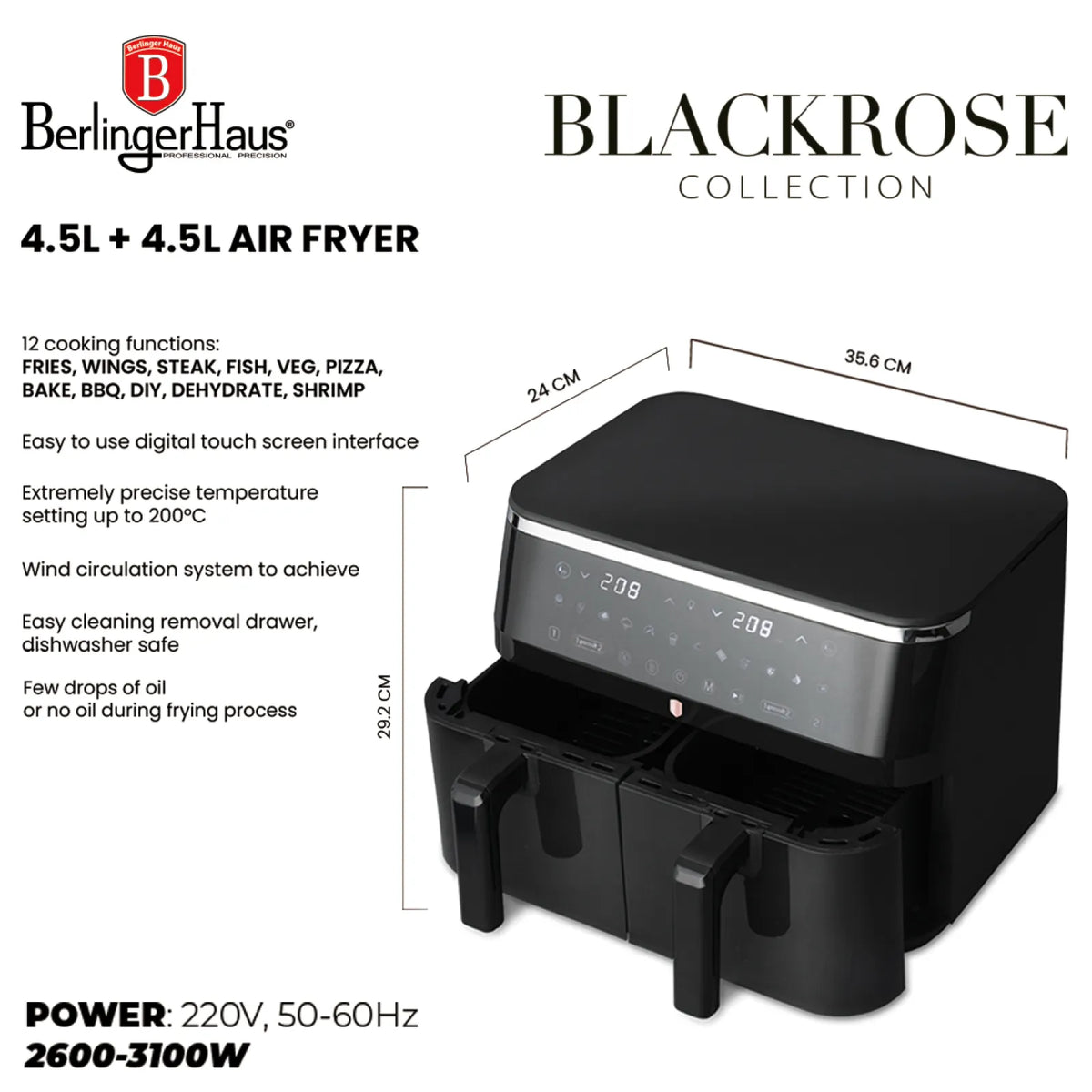 Berlinger Haus Dupla AirFryer átlátszó ablakokkal (4.5+4.5L) – 9. kép