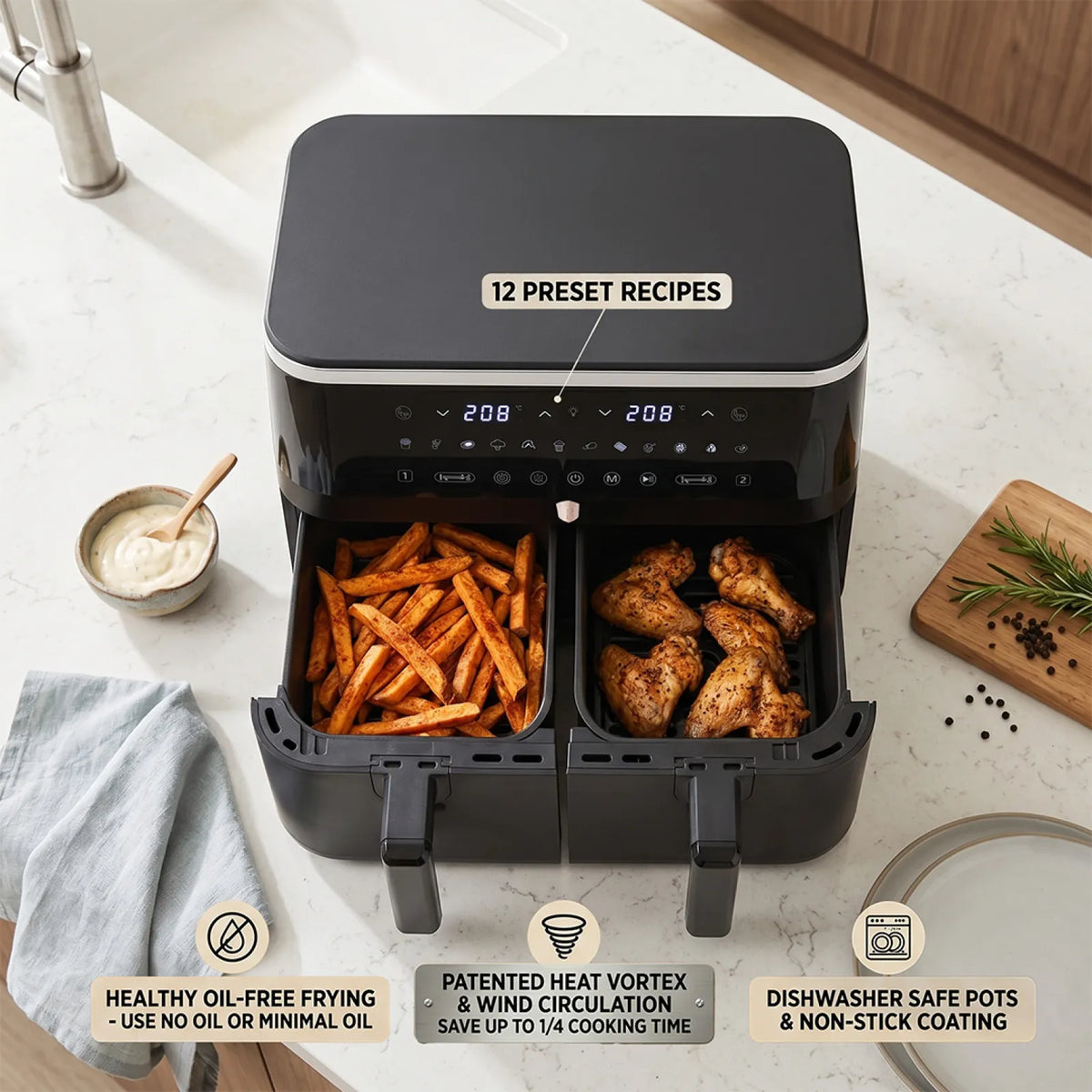 Berlinger Haus Dupla AirFryer átlátszó ablakokkal (4.5+4.5L) – 6. kép