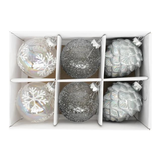 Karácsonyi üveg gömb dísz toboz glitter dekorral 8 cm 6 db szett ezüst