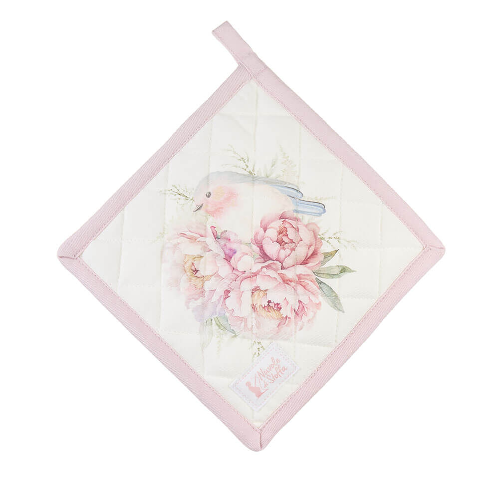 Vintage rózsaszín rózsás pamut Edényalátét 18x18 cm Fiorira madárral