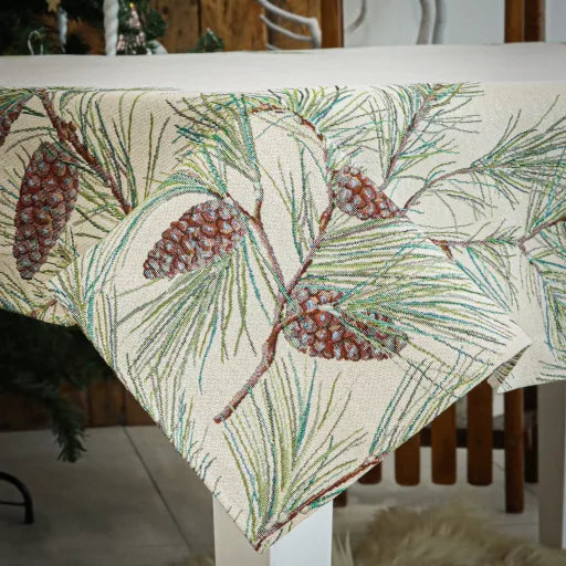 Fenyőerdő (tobozos) asztalterítő, 137x240 cm, ezüst lurex