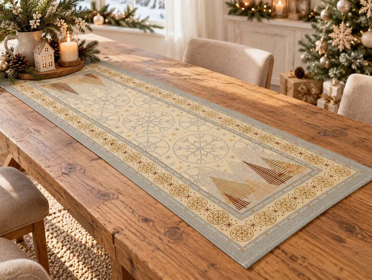 Modern karácsony asztali futó, 44x140 cm, arany lurex, gobelin