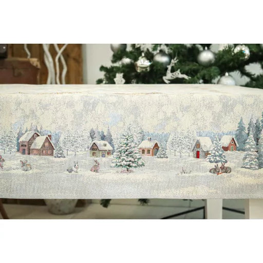 White forest nyuszik a hóban asztalterítő, 137x240 cm, ezüst lurex
