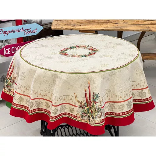 Gyertyás, piros szélű asztalterítő, kör alakú, 160 cm, arany lurex