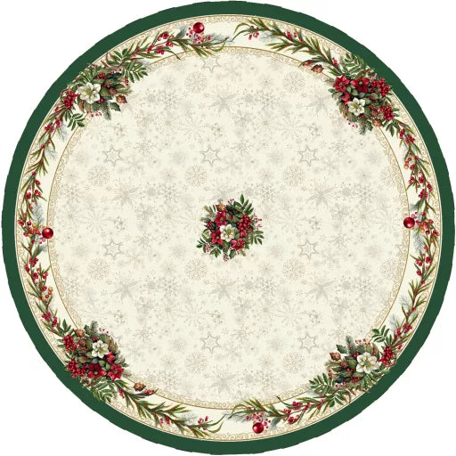 Classic bogyós, zöld szélű asztalterítő, kör alakú, 160 cm, ezüst lurex