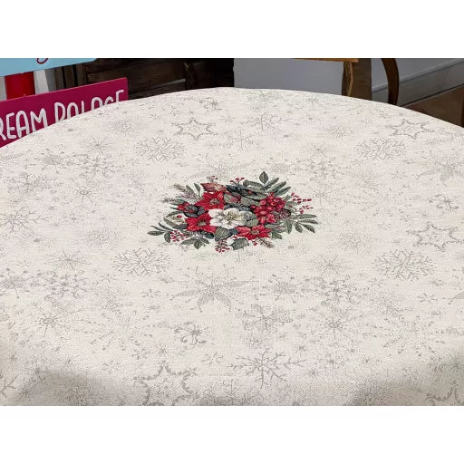 Classic bogyós, zöld szélű asztalterítő, kör alakú, 160 cm, ezüst lurex
