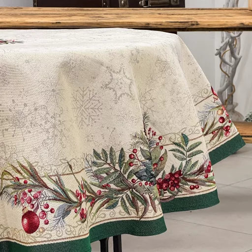 Classic bogyós, zöld szélű asztalterítő, kör alakú, 160 cm, ezüst lurex
