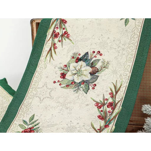 Classic piros bogyós, zöld szélű asztali futó, 44x140 cm, ezüst lurex