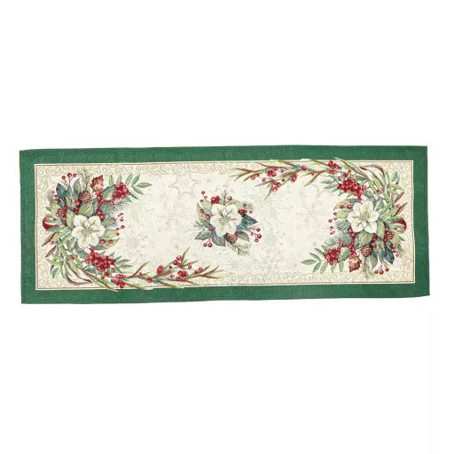 Classic piros bogyós, zöld szélű asztali futó, 44x140 cm, ezüst lurex
