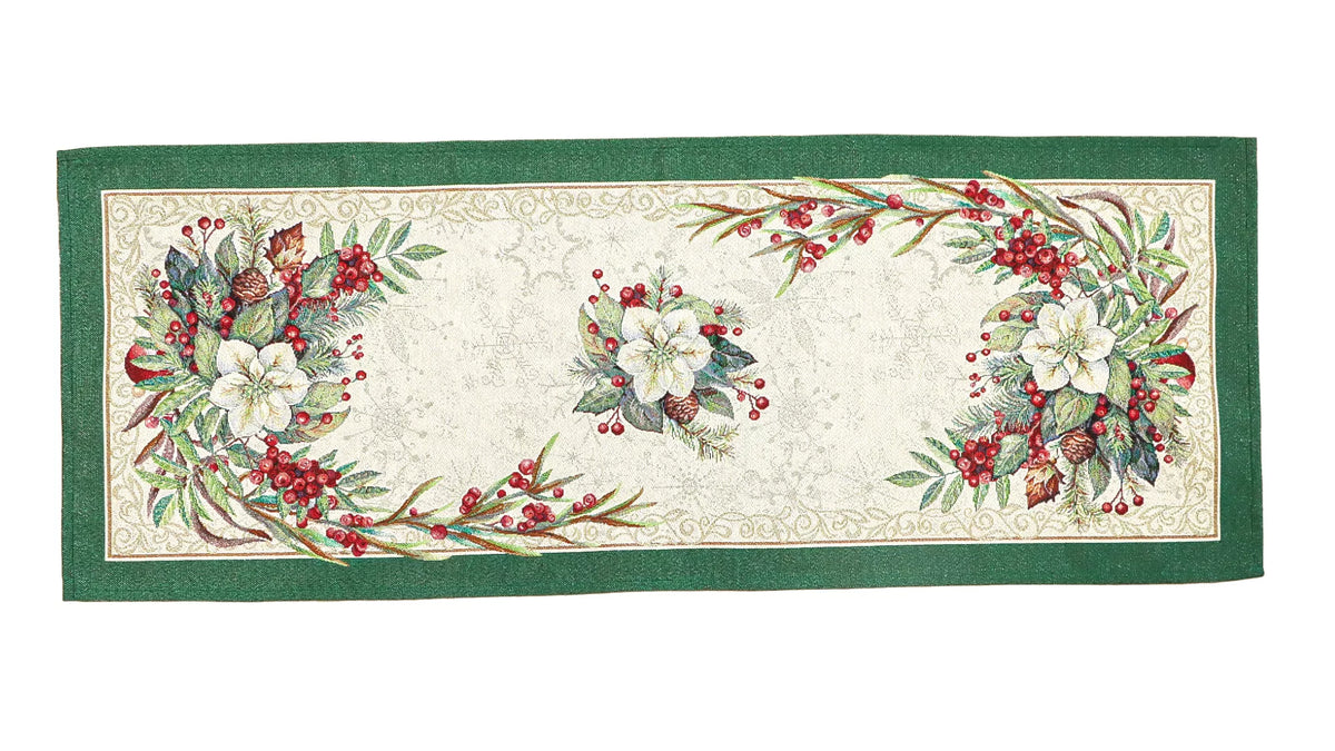 Classic piros bogyós, zöld szélű asztali futó, 37x100 cm, ezüst lurex, gobelin