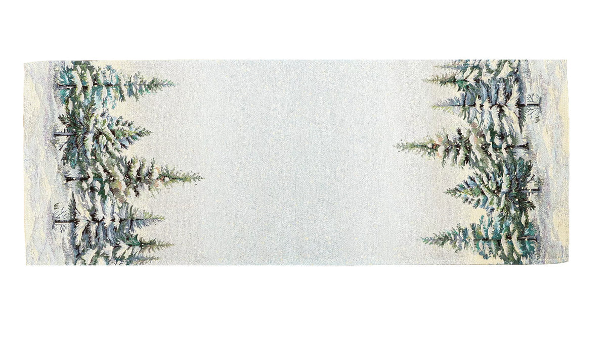 Havas fenyőerdő gobelin asztali futó, 44x180 cm, ezüst lurex, gobelin