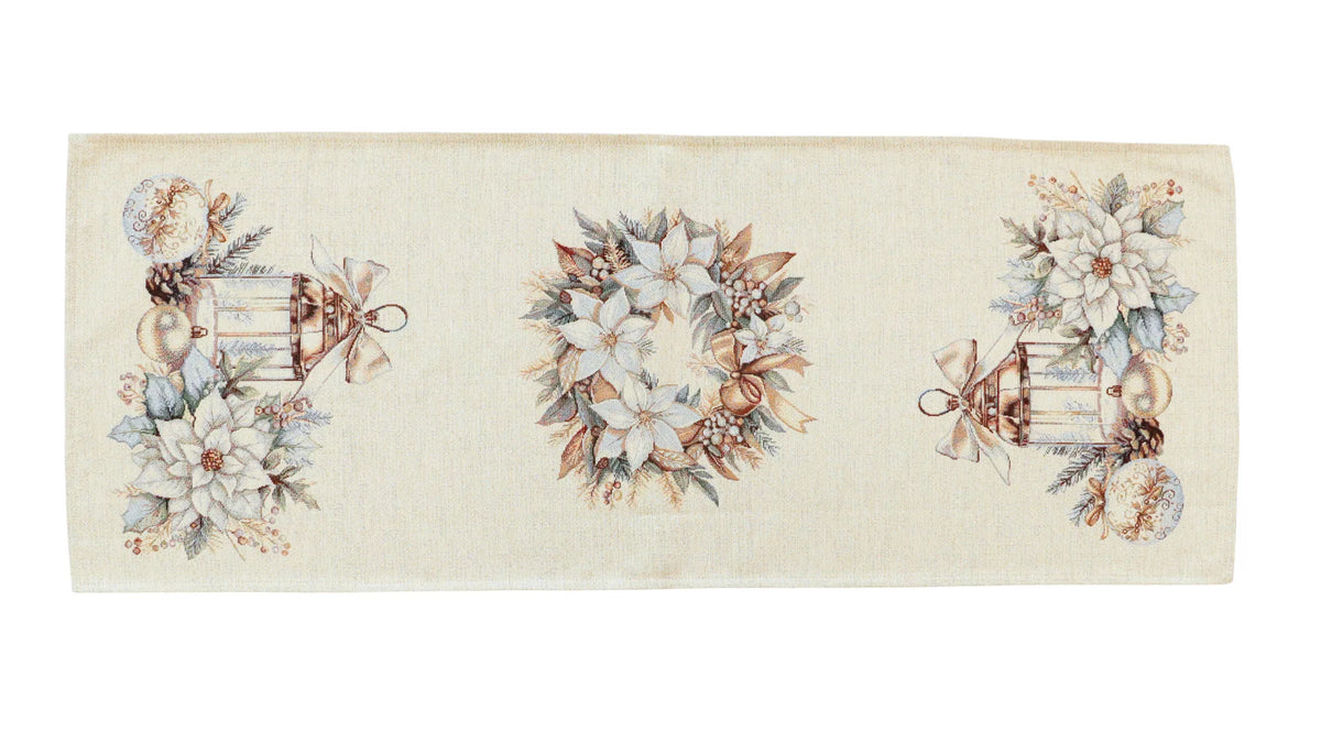 Arany lámpás ünnepi gobelin asztali futó, 44x180 cm, ezüst lurex, gobelin