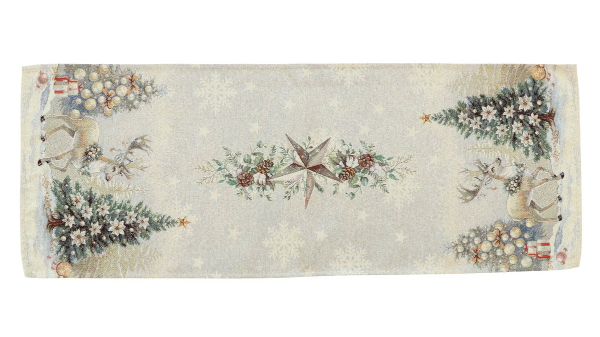 Golden deer arany szarvasos gobelin asztali futó, 44x140 cm, ezüst lurex, gobelin