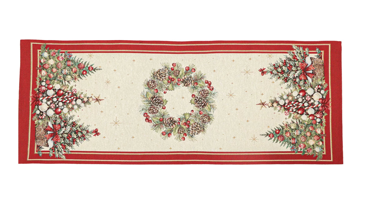 Karácsonyfás, piros szélű asztali futó, 37x100 cm, arany lurex, gobelin
