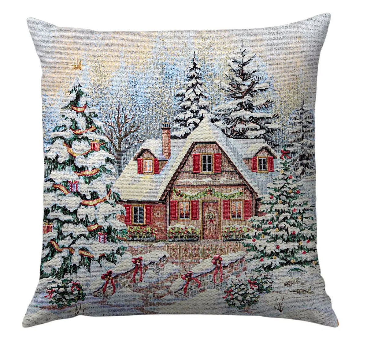 Alpesi barna házikós díszpárna huzat, lurex nélkül, gobelin – 45 x 45 cm