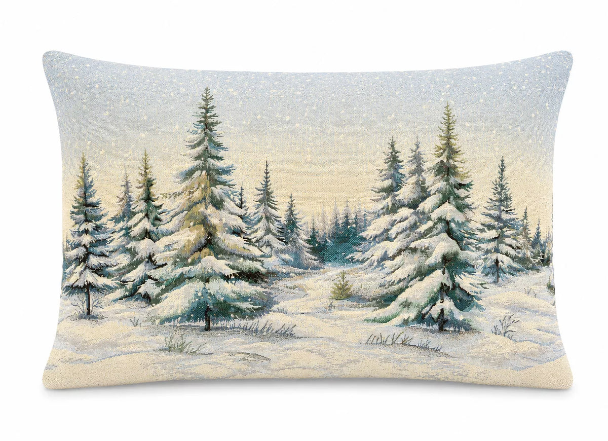 Havas fenyőerdő díszpárna huzat töltettel, 50x70 cm, ezüst lurex, gobelin