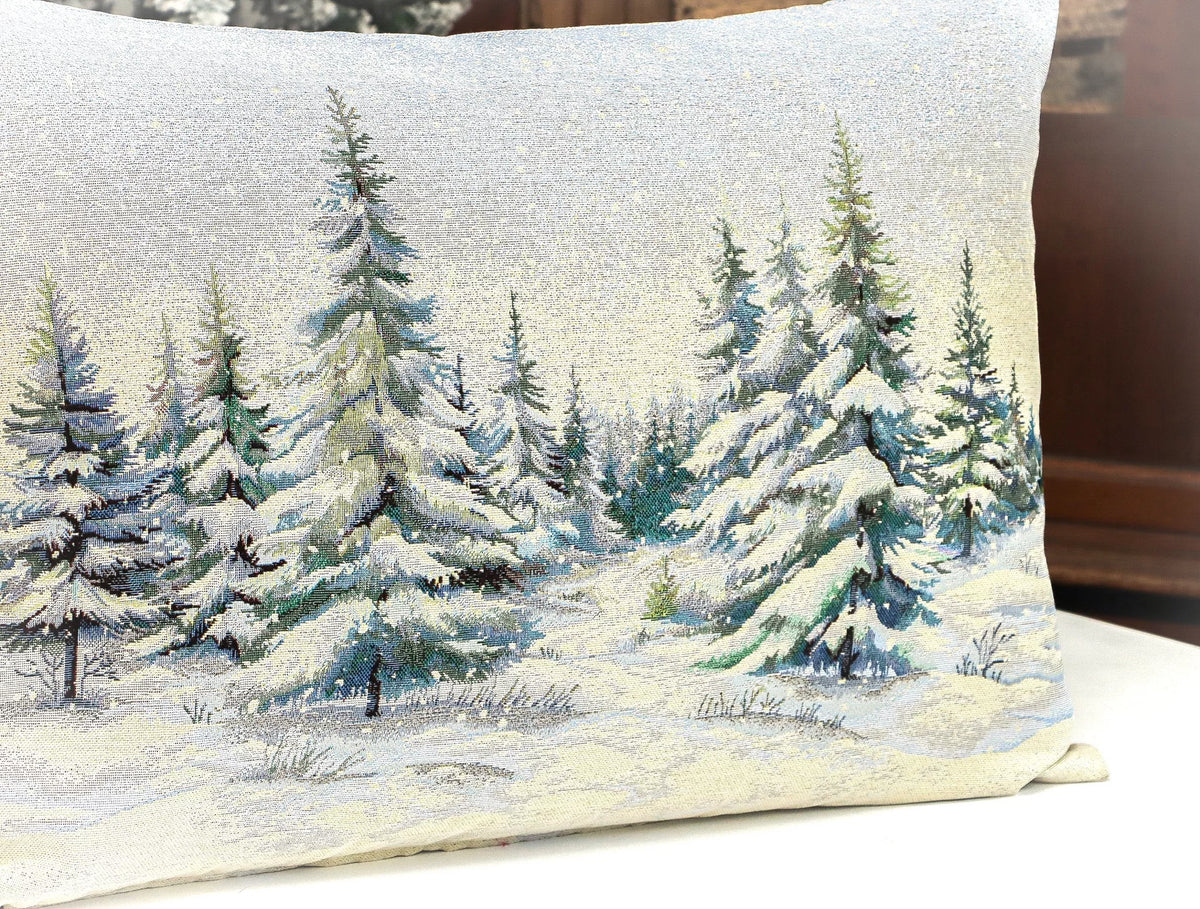 Havas fenyőerdő díszpárna huzat töltettel, 50x70 cm, ezüst lurex, gobelin