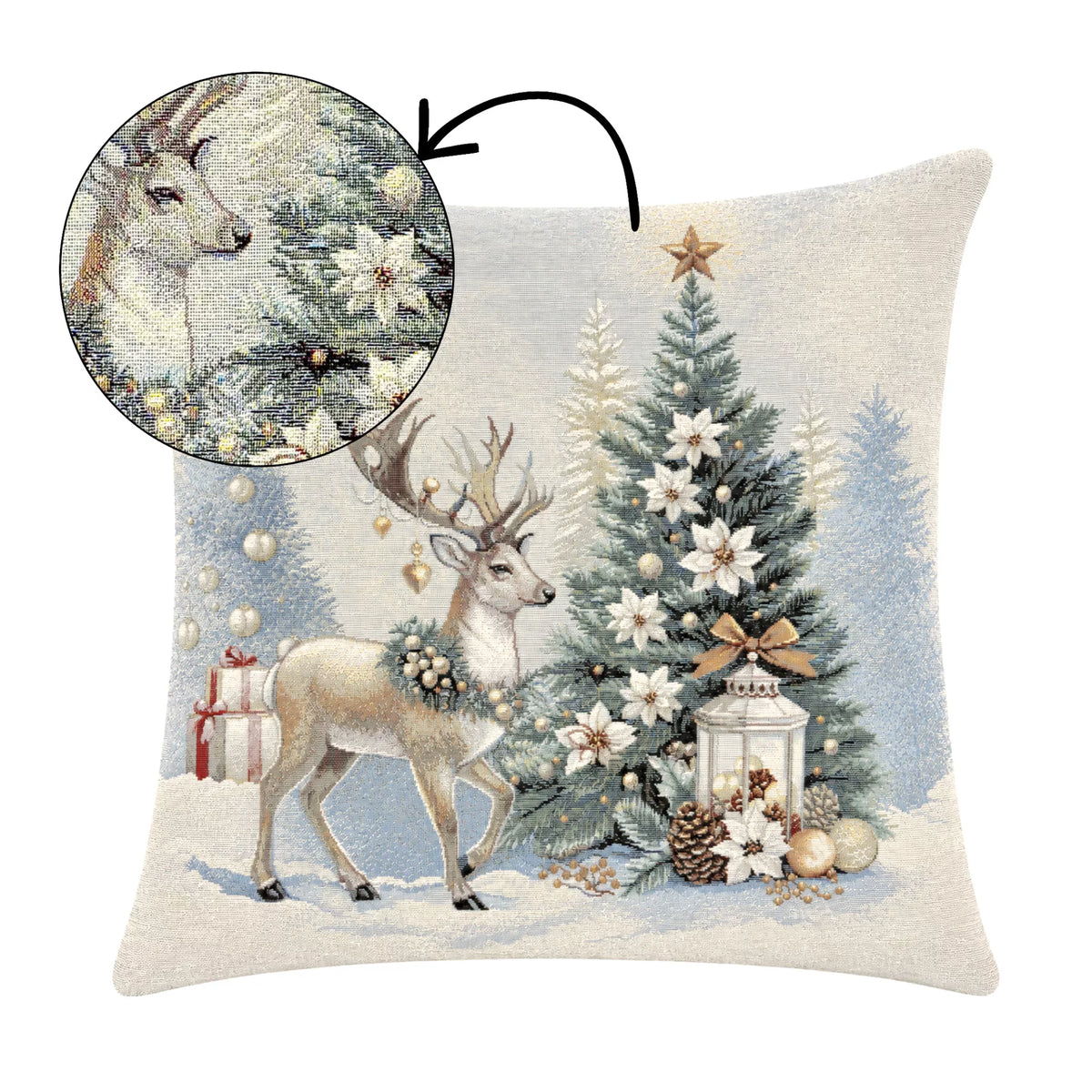 Golden deer arany szarvasos díszpárna huzat, ezüst lurex, gobelin – 45 x 45 cm