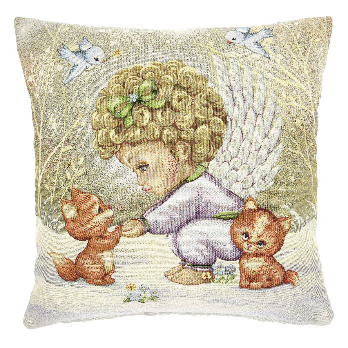 Angyalka (kislány) a hóban cicákkal díszpárna huzat, arany lurex, gobelin – 45 x 45 cm