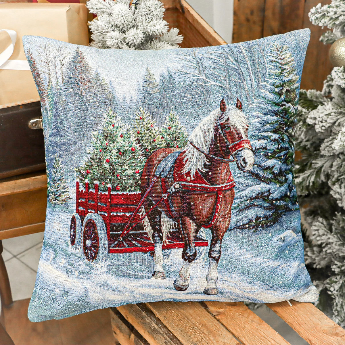 Lovaskocsi az erdőben díszpárna huzat, ezüst lurex, gobelin – 45 x 45 cm