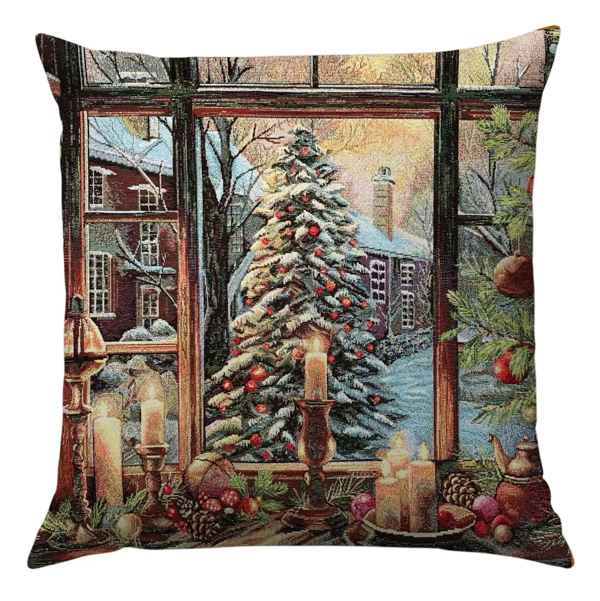 Gyertyafényes karácsony díszpárna huzat, arany lurex, gobelin – 45 x 45 cm