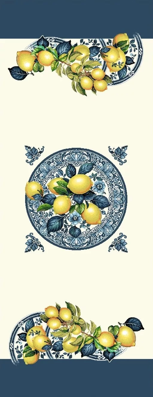 Mediterrán citromos kék antik mintás asztali futó 44x140 cm Gépi gobelin