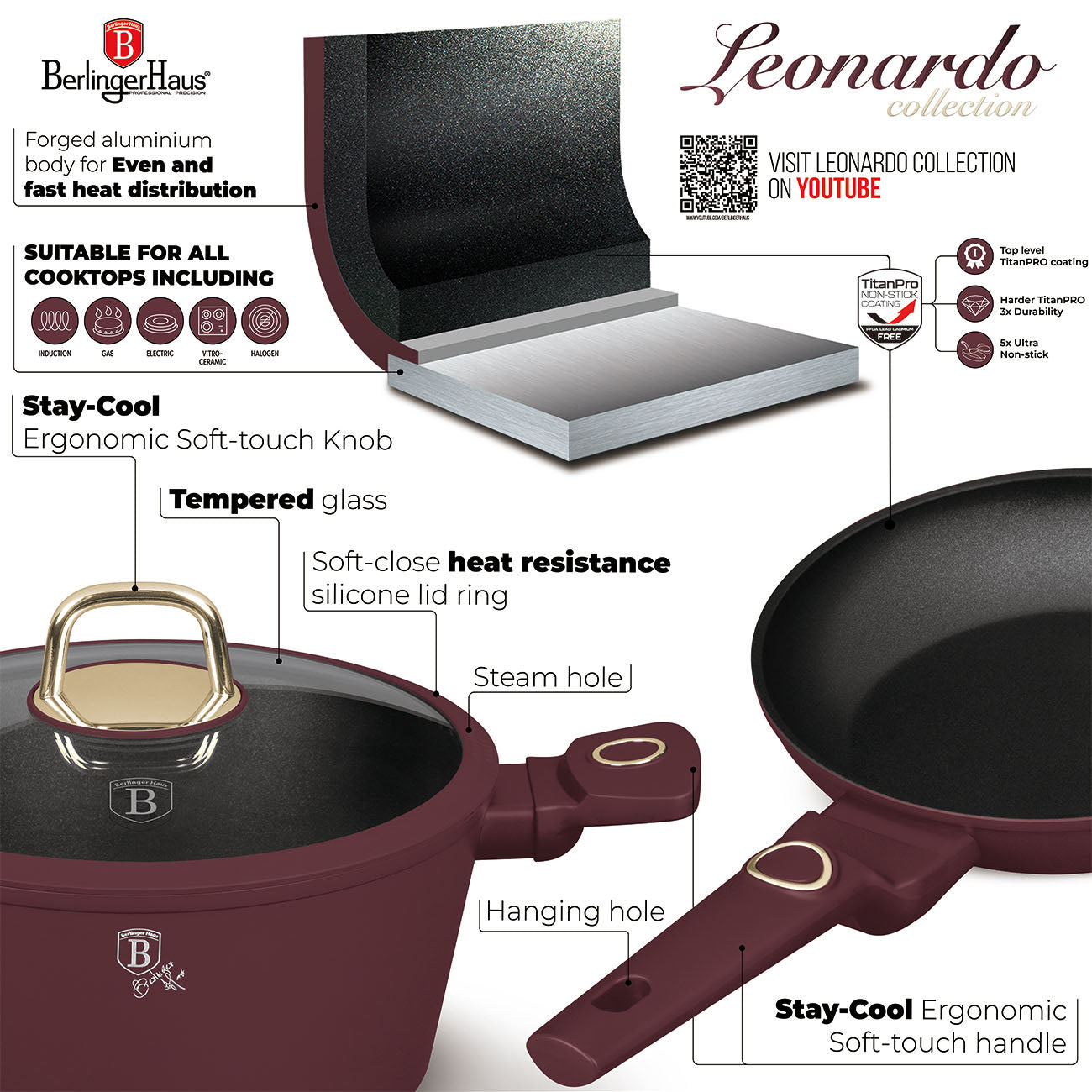 Berlinger Haus Indukciós tapadásmentes Mély serpenyő fedővel 24 cm Leonardo Collection