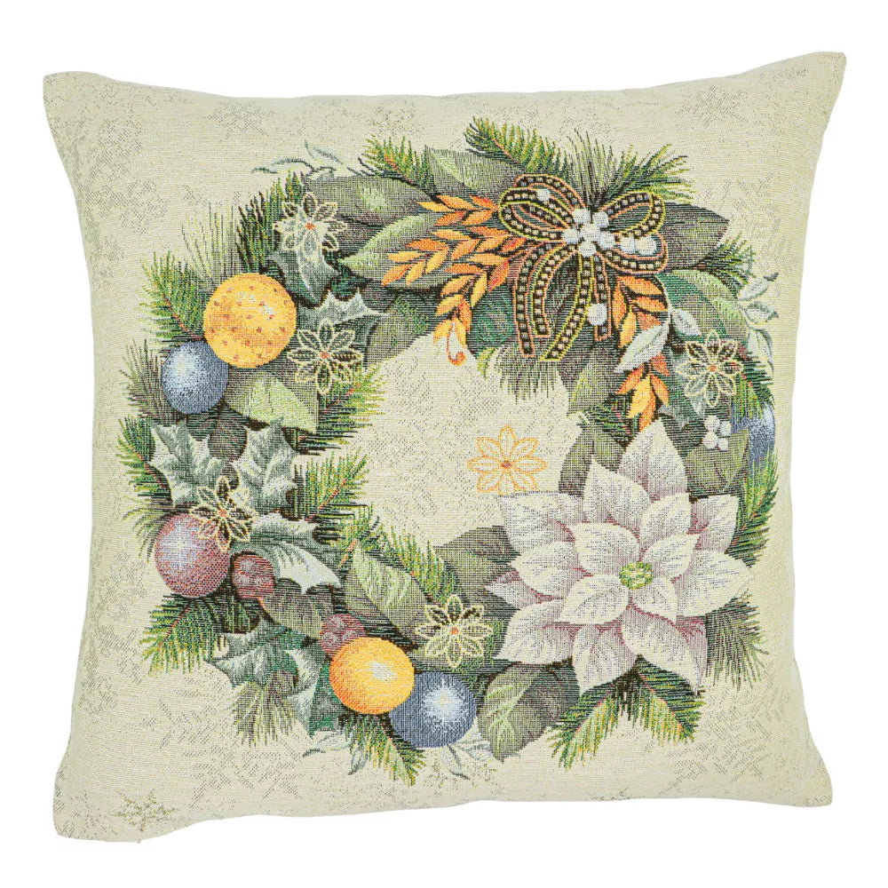 Advent karácsonyi koszorús díszpárna huzat, arany lurex, gobelin – 45 x 45 cm