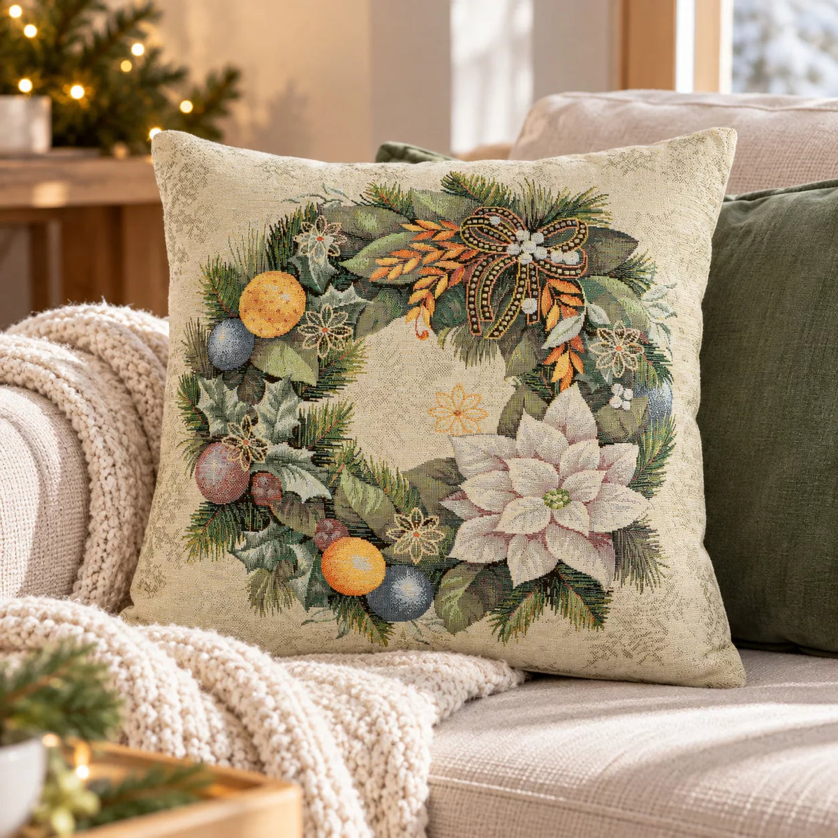 Advent karácsonyi koszorús díszpárna huzat, arany lurex, gobelin – 45 x 45 cm