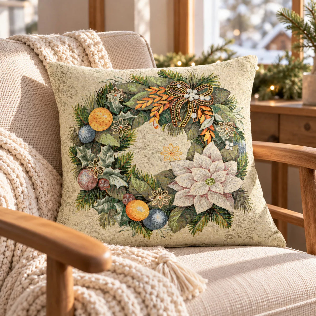 Advent karácsonyi koszorús díszpárna huzat, arany lurex, gobelin – 45 x 45 cm
