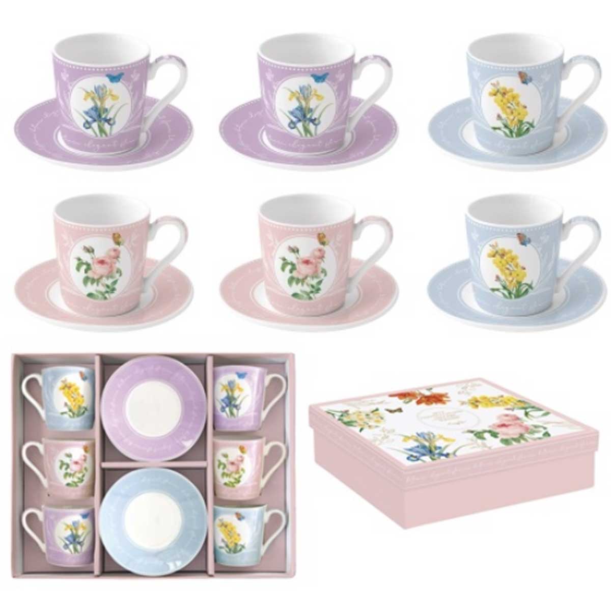 Porcelán eszpresszó kávés csésze készlet 6 személyes díszdobozban virág mintás