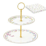 Porcelán süteményes állvány 2 emeletes madaras pillangós díszdobozzal Fancy Garden
