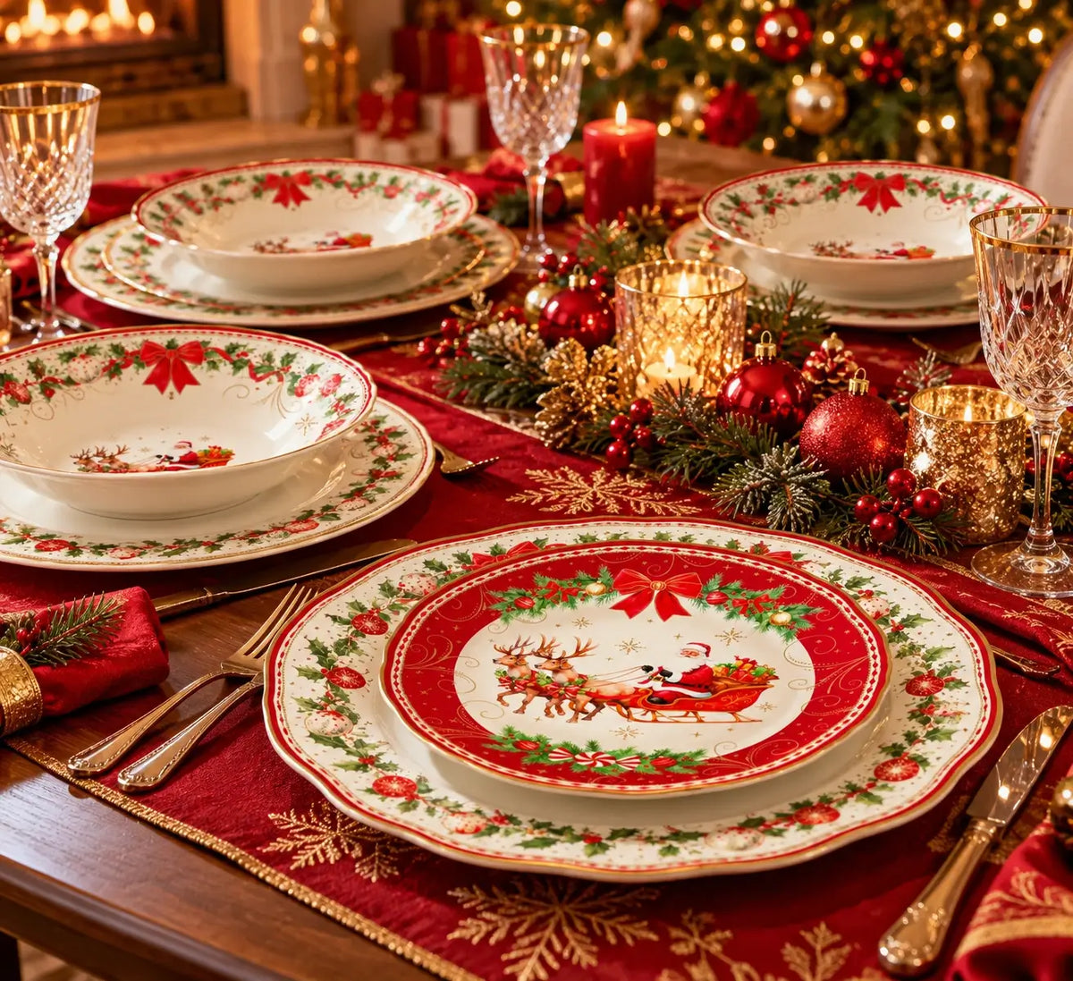Karácsonyi porcelán étkészlet 18 részes 6 személyes – Mikulás és rénszarvas mintával