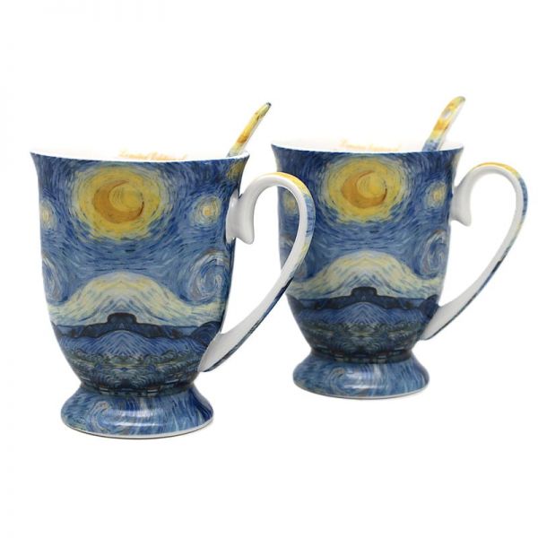 Van Gogh Csillagos éj porcelán bögre szett kanállal 300 ml - szív díszdobozos