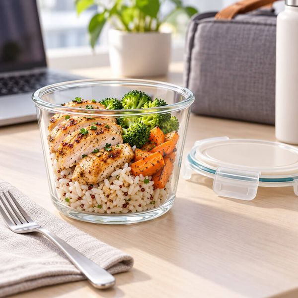 Üveg hőálló ételtároló doboz műanyag tetővel szilikon tömítés - 700 ml - 13x10,5 cm