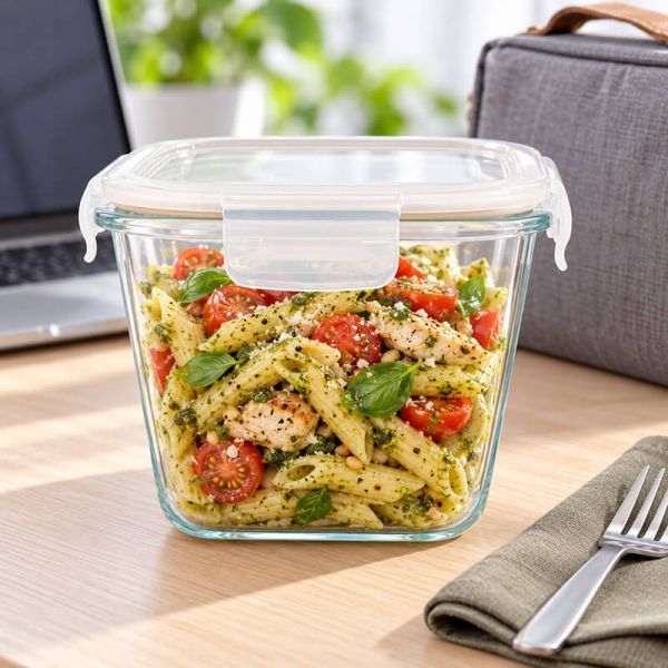 Üveg hőálló ételtároló doboz műanyag tetővel szilikon tömítés - 900 ml