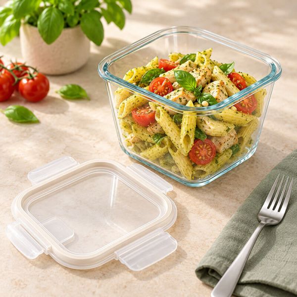 Üveg hőálló ételtároló doboz műanyag tetővel szilikon tömítés - 900 ml