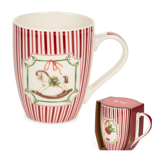 Karácsonyi porcelán bögre 350 ml piros csíkos hintalovas